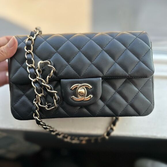 Chanel Black Lambskin Leather Mini Classic Rectangular Flap Light Gold Hardware - Picture 4 of 16